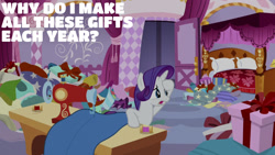 Size: 1280x720 | Tagged: safe, edit, edited screencap, editor:quoterific, screencap, rarity, pony, unicorn, best gift ever, g4, carousel boutique, female, mare, open mouth, present, solo