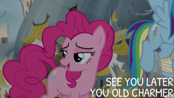 Size: 1280x720 | Tagged: safe, edit, edited screencap, editor:quoterific, screencap, pinkie pie, rainbow dash, earth pony, pegasus, pony, season 5, the lost treasure of griffonstone, female, flying, mare, offscreen character, open mouth, solo focus