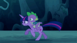 Size: 720x405 | Tagged: safe, edit, edited screencap, screencap, spike, twilight sparkle, alicorn, dragon, pony, g4, season 5, the cutie re-mark, animated, backpack, dragons riding ponies, floppy ears, forest, gif, glowing eyes, riding, running, spike riding twilight, twilight sparkle (alicorn)