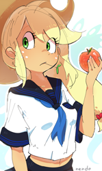 Size: 1911x3200 | Tagged: safe, artist:fuyugi, applejack, equestria girls, g4, apple, breasts, busty applejack, clothes, female, food, high res, obligatory apple, reasonably sized breasts, sailor uniform, simple background, solo, uniform, white background
