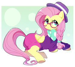 Size: 1754x1549 | Tagged: safe, artist:fuyugi, fluttershy, pegasus, pony, fake it 'til you make it, g4, alternate hairstyle, braid, clothes, cute, female, glasses, hat, hipstershy, lying down, mare, prone, scarf, shyabetes, solo