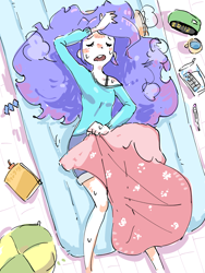 Size: 2400x3200 | Tagged: safe, artist:fuyugi, rarity, equestria girls, g4, alarm clock, alternate hairstyle, bed, blanket, bra, bra strap, clock, clothes, eyes closed, female, frizzy hair, high res, hot, lying down, mug, off shoulder, open mouth, overhead view, shorts, sick, solo, sweat, thermometer, underwear