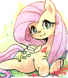 Size: 816x939 | Tagged: safe, artist:fuyugi, fluttershy, pegasus, pony, g4, cute, daaaaaaaaaaaw, female, flower, looking at you, mare, shyabetes, smiling, smiling at you, solo, white pupils