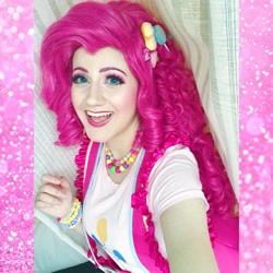 Size: 960x960 | Tagged: safe, artist:sarahndipity cosplay, pinkie pie, human, g4, bracelet, clothes, cosplay, costume, facebook, irl, irl human, jewelry, necklace, open mouth, open smile, photo, smiling