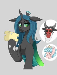 Size: 1500x2000 | Tagged: safe, artist:zachc, cozy glow, lord tirek, queen chrysalis, centaur, changeling, changeling queen, pegasus, pony, taur, g4, cheese, cheeselegs, disembodied head, female, filly, foal, food, male, mare, trio