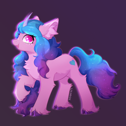 Size: 3200x3200 | Tagged: safe, artist:nyota71, izzy moonbow, pony, unicorn, g5, colored pupils, cute, ear fluff, female, fluffy, high res, hoof fluff, izzybetes, laughing, long hair, mare, raised hoof, simple background, solo, unshorn fetlocks