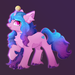 Size: 3200x3200 | Tagged: safe, alternate version, artist:nyota71, izzy moonbow, pony, unicorn, g5, ball, colored pupils, cute, ear fluff, female, fluffy, high res, hoof fluff, izzy's tennis ball, izzybetes, laughing, long hair, mare, raised hoof, simple background, solo, tennis ball, unshorn fetlocks