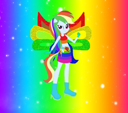 Size: 823x728 | Tagged: safe, artist:magical-mama, artist:selenaede, artist:user15432, rainbow dash, fairy, equestria girls, g4, base used, belt, boots, clothes, colored wings, crossover, cutie mark, cutie mark on clothes, element of loyalty, fairy wings, fairyized, gloves, gradient background, high heel boots, high heels, looking at you, magic winx, multicolored wings, needs more saturation, ponied up, rainbow background, rainbow wings, shoes, solo, sparkly background, wings, winx, winx club, winxified