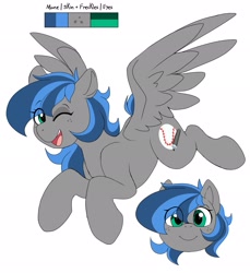 Size: 1877x2048 | Tagged: safe, artist:littlebibbo, oc, oc only, oc:bibbo, pegasus, pony, c:, eye clipping through hair, female, flying, freckles, looking at you, mare, one eye closed, open mouth, pegasus oc, reference sheet, simple background, smiling, solo, spread wings, white background, wings, wink