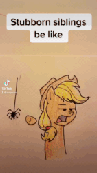 Size: 720x1280 | Tagged: safe, artist:brogararts, applejack, big macintosh, earth pony, pony, spider, g4, animated, brother and sister, crossdressing, dialogue, eye contact, female, hardstop lucas, looking at each other, male, mare, open mouth, orchard blossom, pointing, siblings, sound, stallion, tiktok, traditional art, unamused, webm, yelling