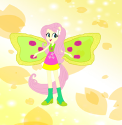 Size: 806x825 | Tagged: safe, artist:magical-mama, artist:selenaede, artist:user15432, fluttershy, fairy, equestria girls, g4, base used, boots, clothes, crossover, dress, element of kindness, fairy wings, fairyized, flower petals, green shoes, hairpin, high heel boots, high heels, magic winx, pink dress, ponied up, shoes, simple background, solo, sparkly background, wings, winx, winx club, winxified, yellow background, yellow wings