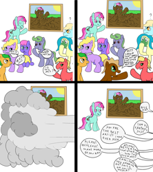 Size: 2104x2372 | Tagged: safe, artist:amateur-draw, big macintosh, oc, oc:belle boue, earth pony, pony, unicorn, g4, annoyed, art gallery, comic, crying, depressed, female, high res, male, mare, mud, mud bath, mud play, muddy, op is a duck, op is trying to start shit, painting, random pony, sad, sick, simple background, stallion, text, unamused, vent art, wet and messy, white background