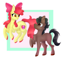 Size: 1280x1182 | Tagged: safe, artist:unknownartist20, apple bloom, oc, oc:ladainian otis, earth pony, pony, g4, canon x oc, chest fluff, commission, female, jumping, ladainianbloom, love, male, older apple bloom, shipping, smiling, straight