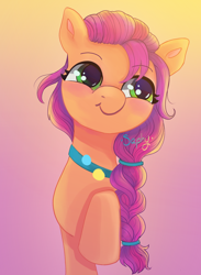 Size: 3300x4500 | Tagged: safe, artist:saphypone, sunny starscout, earth pony, pony, g5, badge, blushing, braid, cute, eyebrows, eyebrows visible through hair, female, gradient background, high res, mare, raised hoof, smiling, solo, sunnybetes