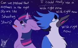 Size: 1600x977 | Tagged: safe, artist:jay_wackal, twilight sparkle, pony, unicorn, g4, aeroplanes and meteor showers, airplanes (song), b.o.b., crack shipping, crossover, crossover shipping, crying, duo, female, lyrics, male, meme, mordecai, mordetwi, night, redraw mordetwi meme, regular show, sad, shipping, shooting star, stars, straight, text, unicorn twilight