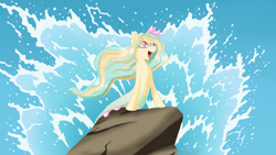 Size: 1280x720 | Tagged: safe, artist:aledera, oc, oc only, seapony (g4), female, flowing mane, looking up, open mouth, pink eyes, ribbon, rock, sky, smiling, solo, water