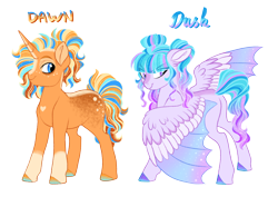 Size: 4800x3400 | Tagged: safe, artist:gigason, oc, oc only, oc:dawn, oc:dusk, bat pony, pony, unicorn, blaze (coat marking), body freckles, body markings, coat markings, colored hooves, colored wings, duo, ethereal wings, facial markings, female, freckles, full body, half-siblings, heart mark, hybrid wings, looking back, magical lesbian spawn, male, mare, multicolored mane, multicolored tail, multicolored wings, offspring, parent:princess luna, parent:starlight glimmer, parent:sunburst, parents:lunaburst, parents:starluna, simple background, socks (coat markings), stallion, tail, transparent background, wings