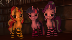 Size: 1920x1080 | Tagged: safe, artist:midnightdanny, starlight glimmer, sunset shimmer, twilight sparkle, alicorn, pony, g4, 3d, clothes, socks, source filmmaker, stockings, striped socks, thigh highs, tongue out, twilight sparkle (alicorn)