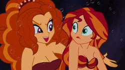 Size: 1920x1080 | Tagged: safe, artist:zarxnos, adagio dazzle, sunset shimmer, mermaid, fanfic:sunset shimmer discovers her feet, equestria girls, g4, bra, crossover, duo, duo female, fanfic art, female, mermaidized, seashell bra, species swap, the little mermaid