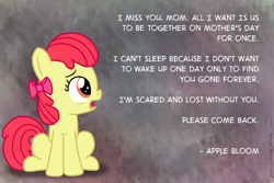 Size: 1500x1000 | Tagged: safe, artist:dtcx97, apple bloom, earth pony, pony, g4, 2012, bow, female, filly, hair bow, implied pear butter, mother's day, sad, solo, tearjerker, text