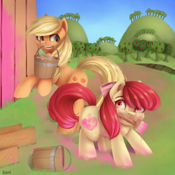 Size: 2000x2000 | Tagged: safe, artist:annafreezen, apple bloom, applejack, earth pony, pony, g4, apple, apple sisters, apple tree, barn, barrel, bucket, duo, fake cutie mark, female, filly, high res, mare, mouth hold, paint, paintbrush, rearing, siblings, sisters, sweet apple acres, tree
