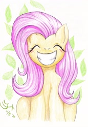 Size: 2489x3624 | Tagged: safe, artist:michiito, fluttershy, pegasus, pony, g4, big grin, blushing, cute, eyes closed, grin, happy, high res, leaves, looking at you, shyabetes, smiling, smiling at you, solo