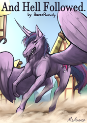 Size: 1034x1462 | Tagged: safe, artist:miramore, twilight sparkle, alicorn, horse, hybrid, monster pony, pony, fanfic:and hell followed, g4, charging, curved horn, cutie mark, day, dog mouth, dust, fanfic, fanfic art, female, feral, glare, hoers, hooves, horn, house, ponyville, scary, signature, solo, teeth, text, tongue out, twilight sparkle (alicorn), wings
