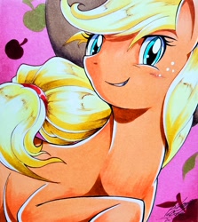 Size: 2692x3024 | Tagged: safe, artist:025aki, applejack, earth pony, pony, g4, apple, cowboy hat, female, food, hat, high res, looking at you, mare, marker drawing, sidemouth, smiling, solo, traditional art