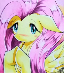 Size: 2652x3002 | Tagged: safe, artist:025aki, fluttershy, pegasus, pony, g4, blushing, bust, female, floppy ears, high res, hooves together, looking at you, mare, portrait, solo, three quarter view, traditional art, wings
