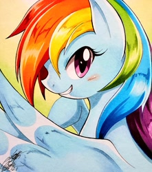 Size: 2676x3024 | Tagged: safe, artist:025aki, rainbow dash, pegasus, pony, g4, blushing, bust, female, gradient background, high res, looking at you, mare, profile, smiling, solo, traditional art, wings
