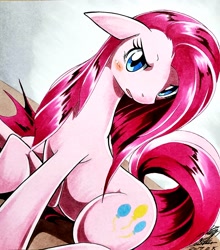 Size: 2661x3024 | Tagged: safe, artist:025aki, pinkie pie, earth pony, pony, blushing, female, floppy ears, high res, looking at you, mare, pinkamena diane pie, solo, traditional art