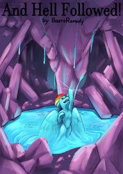 Size: 1034x1462 | Tagged: safe, artist:miramore, rainbow dash, pegasus, pony, fanfic:and hell followed, g4, blue, cave, crystal, dripping, fanfic, fanfic art, flying, glowing, glowing body, magic, mana, pond, reflection, ripple, ripples, solo, speedpaint, text, underground