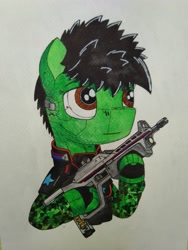 Size: 1077x1436 | Tagged: safe, artist:zocidem, oc, oc only, oc:wrench, earth pony, pony, armor, augmented, camouflage, earth pony oc, male, male oc, solo, stallion, stallion oc, traditional art, weapon