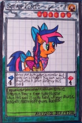 Size: 1000x1487 | Tagged: safe, artist:karadeg, oc, oc only, oc:solar comet, pegasus, pony, bandana, bow, disguise, disguised changedling, eyelashes, graph paper, sock, solo, tail bow, yugioh card