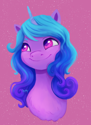 Size: 3300x4500 | Tagged: safe, artist:saphypone, izzy moonbow, pony, unicorn, g5, abstract background, bust, cute, female, high res, izzybetes, mare, smiling, solo