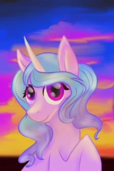 Size: 1080x1620 | Tagged: safe, artist:fall_flame3, izzy moonbow, pony, unicorn, g5, cloud, female, looking at you, mare, raised hoof, sky, solo, sunset