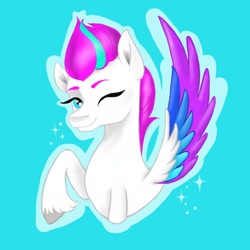 Size: 2048x2048 | Tagged: safe, artist:fall_flame3, zipp storm, pegasus, pony, g5, blue background, bust, female, high res, looking at you, mare, one eye closed, raised hoof, simple background, smiling, smiling at you, solo, sparkles, unshorn fetlocks, wink, winking at you