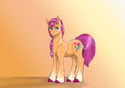 Size: 1113x777 | Tagged: safe, artist:ponydevilgirl, sunny starscout, earth pony, pony, g5, braid, coat markings, female, gradient background, looking at you, mare, shadow, socks (coat markings), solo, unshorn fetlocks