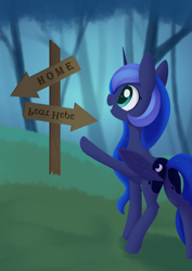 Size: 988x1394 | Tagged: safe, artist:dusthiel, princess luna, alicorn, pony, g4, atg 2021, newbie artist training grounds, open mouth, road sign, solo