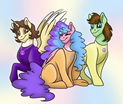 Size: 3159x2651 | Tagged: safe, artist:bella-pink-savage, oc, oc:aspen, oc:bella pinksavage, oc:ryan, alicorn, earth pony, pegasus, pony, alicorn oc, bodysuit, brother and sister, catsuit, clothes, earth pony oc, eyes closed, family, female, high res, hippie, horn, jewelry, latex, latex suit, male, mare, necklace, peace, peace suit, peace symbol, pegasus oc, rubber suit, siblings, sisters, smiling, stallion, trio, wings