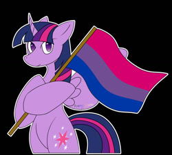 Size: 1280x1151 | Tagged: safe, artist:pokeshadow, twilight sparkle, alicorn, pony, g4, bilight sparkle, bisexual pride, bisexual pride flag, black background, headcanon, hind legs, holding a flag, lgbt headcanon, looking at you, no pupils, pride, pride flag, pride month, simple background, solo, spread wings, standing upright, twilight sparkle (alicorn), wings