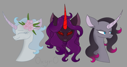Size: 1467x783 | Tagged: safe, artist:deacoti, oleander (tfh), pony, unicorn, them's fightin' herds, alternate color palette, bust, community related, curved horn, female, flower, flower in hair, gray background, horn, pure oleander, simple background