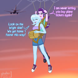 Size: 1000x1000 | Tagged: safe, artist:phallen1, starlight glimmer, trixie, equestria girls, atg 2021, dialogue, newbie artist training grounds, parachute, plane, skydiving, sunset