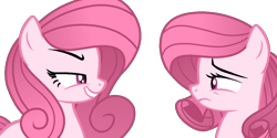 Size: 1172x584 | Tagged: safe, artist:tanahgrogot, oc, oc:annisa trihapsari, earth pony, pony, alternate hairstyle, base used, bedroom eyes, duo, duo female, evil grin, female, grin, gritted teeth, indonesia, mare, sad, sad pony, simple background, smiling, transparent background