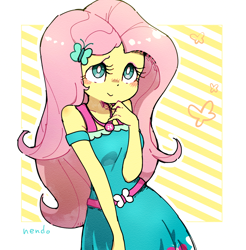 Size: 1190x1209 | Tagged: safe, artist:fuyugi, fluttershy, equestria girls, equestria girls series, g4, blushing, breasts, busty fluttershy, butterfly hairpin, cleavage, clothes, cute, daaaaaaaaaaaw, dress, female, fluttershy boho dress, geode of fauna, hairclip, magical geodes, reasonably sized breasts, shyabetes, signature, solo, white pupils