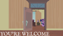 Size: 1280x720 | Tagged: safe, edit, edited screencap, editor:quoterific, screencap, twilight sparkle, alicorn, pony, g4, rarity takes manehattan, season 4, angry, door, female, get out, mare, open mouth, sarcasm, solo, twilight sparkle (alicorn)