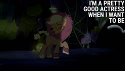 Size: 1280x720 | Tagged: safe, edit, edited screencap, editor:quoterific, screencap, applejack, big cat, earth pony, lion, pony, g4, scare master, season 5, animal costume, applelion, clothes, costume, eyes closed, female, mare, open mouth, smiling, solo