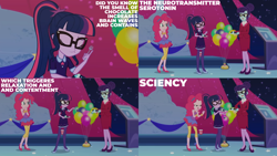 Size: 1280x720 | Tagged: safe, edit, edited screencap, editor:quoterific, screencap, pinkie pie, rosette nebula, sci-twi, twilight sparkle, equestria girls, g4, my little pony equestria girls: better together, twilight under the stars, aweeg*, balloon, bare shoulders, cake, eyes closed, female, food, fork, glasses, high heels, open mouth, plate, ponytail, shoes, sleeveless, smiling, strapless