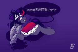 Size: 1622x1080 | Tagged: safe, artist:opossum-stuff, king sombra, pony, umbrum, unicorn, g4, cape, clothes, crown, jewelry, lidded eyes, lying down, male, purple background, regalia, simple background, smiling, solo, stallion, stupid sexy sombra