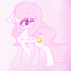 Size: 1200x1200 | Tagged: safe, alternate version, artist:memengla, princess celestia, alicorn, pony, g4, female, grin, mare, one eye closed, pink background, pink-mane celestia, raised hoof, simple background, smiling, solo, starry eyes, wingding eyes, wink, young celestia